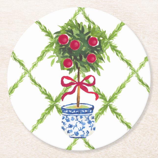 Porta-copo De Papel Redondo Feriado de Chinoiserie Topiary (Frente)