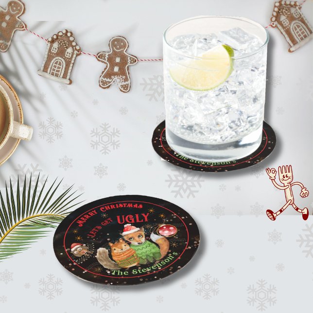 Porta-copo De Papel Redondo Feriado de WODLAND, Ugly Sweater (Ugly Sweater WOODLAND ANIMALS Holiday Round Paper Coaster )
