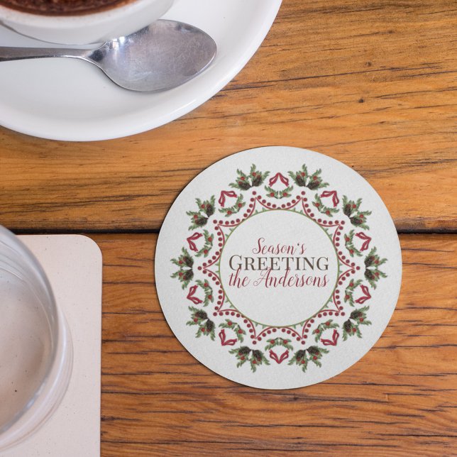 Porta-copo De Papel Redondo Feriado Elegante Natal Mandala Personalizado Botân (Season's Greetings holiday red and green leaves paper coaster)
