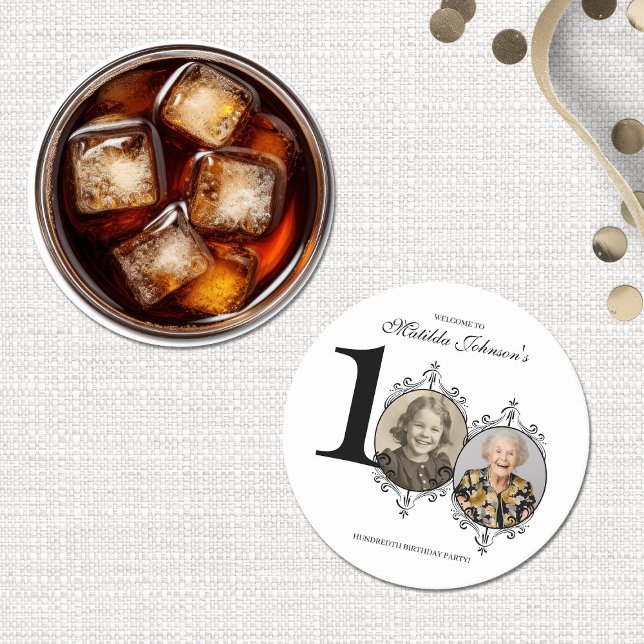 Porta-copo De Papel Redondo Festa de aniversário 100ª Foto Elegante Branco Pre (Black White Elegant Photo 100th Birthday Party Round Paper Coaster)