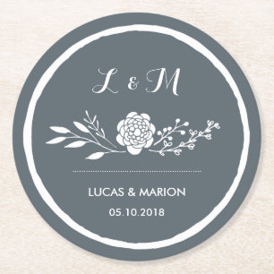 Porta-copo De Papel Redondo Festa de casamento cinzenta do monograma do buquê