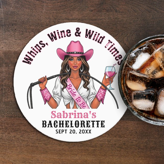 Porta-copo De Papel Redondo Festa de Despedida de Solteira Cowgirl Whips Wine  (Cowgirl Bachelorette Party Whips Wine & Wild Times Round Paper Coaster
)