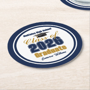 Porta-copo De Papel Redondo Festa de Formatura Navy Blue Gold Turma de 2026