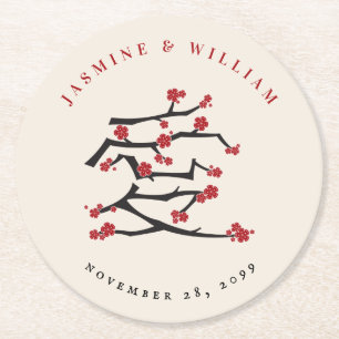 Porta-copo De Papel Redondo Festa de noivado de flores de cereja vermelha de a