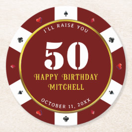 Porta-copo De Papel Redondo Ficha de Poker Aniversário de 50 anos Vermelho