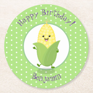 Porta-copo De Papel Redondo Figura de desenho animado de milho kawaii feliz e
