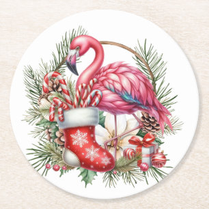Porta-copo De Papel Redondo Flamingo Christmas Themed