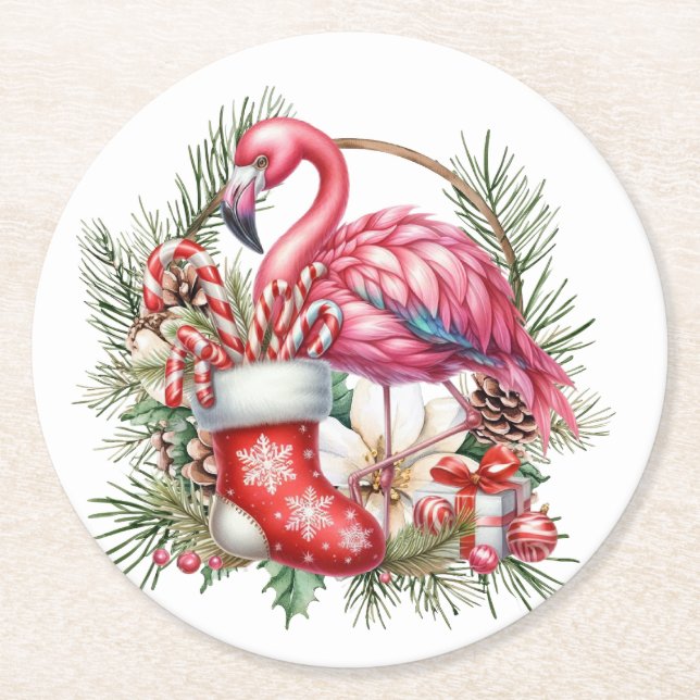 Porta-copo De Papel Redondo Flamingo Christmas Themed (Frente)