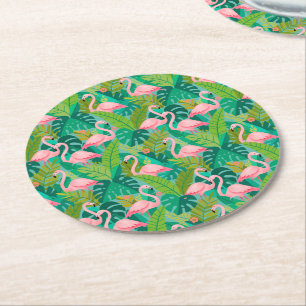 Porta-copo De Papel Redondo Flamingos Rosa Tropical Folhagem da Selva