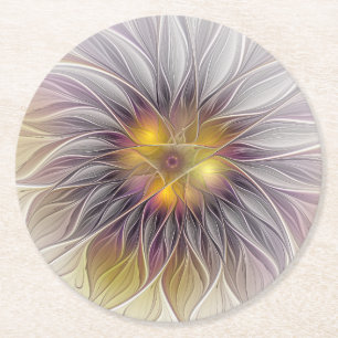 Porta-copo De Papel Redondo Flor Colorida Luminosa, Fractal Moderno Abstrato
