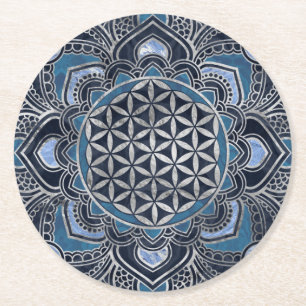 Porta-copo De Papel Redondo Flor da Vida em Lotus - Cristal Azul e Prata