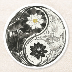 Porta-copo De Papel Redondo Flor de Lótus Yin Yang Tinta Japonesa