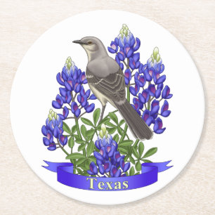 Porta-copo De Papel Redondo Flor de Mockingbird e Bluebonnet, estado do Texas