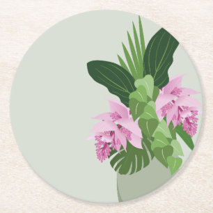 Porta-copo De Papel Redondo Flor rosa Tropical Medinilla Rosa em Vaso Verde