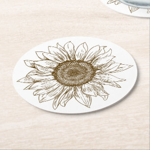 Porta-copo De Papel Redondo Floral ao Girassol Flor Marrom Casamento Country