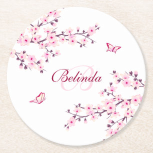 Porta-copo De Papel Redondo Floral Cherry Blossomas Rosa Monograma Branco Nome