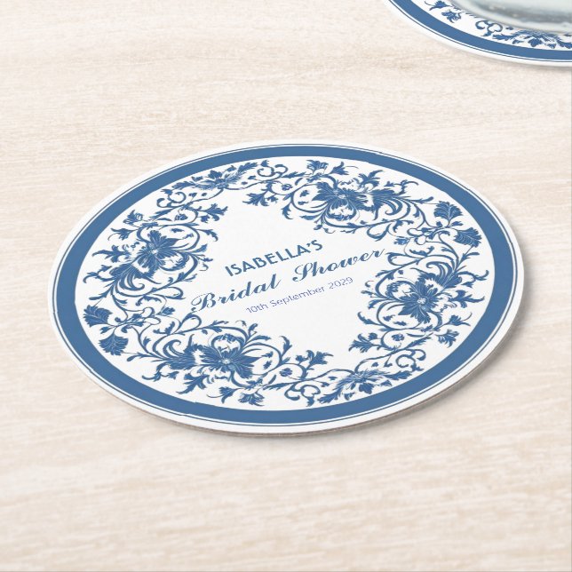 Porta-copo De Papel Redondo Floral Chinoiserie Victoriana Azul Elegante (Angulado)