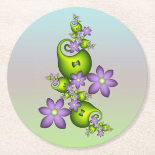 Porta-copo De Papel Redondo Floral Fantasy Lilac Flores Verde Formas Fractais