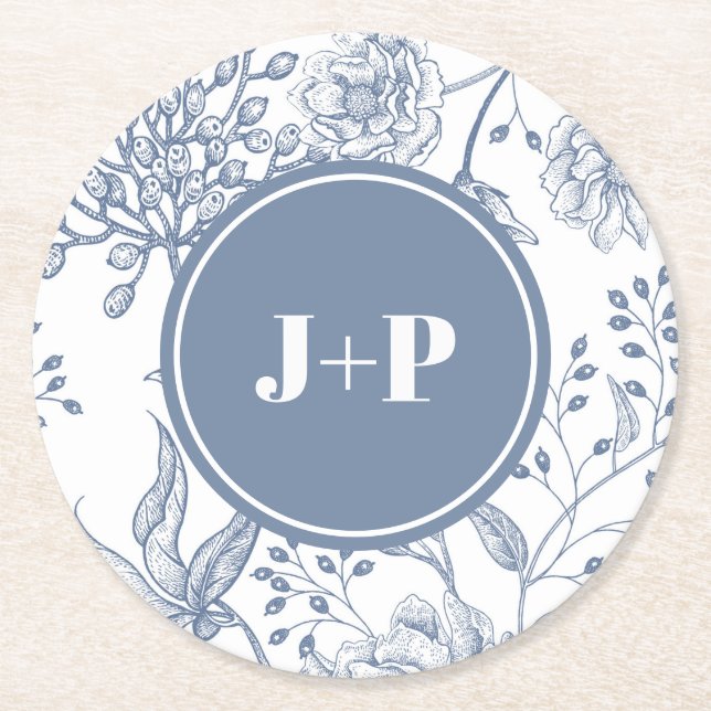 Porta-copo De Papel Redondo Floral Periwinkle Blue Monogram Wedding (Frente)