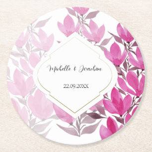 Porta-copo De Papel Redondo Floral Pintada à Mão em Aquarela Rosa Rústico