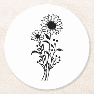 Porta-copo De Papel Redondo Floral Sunflower Black White Festa de casamento