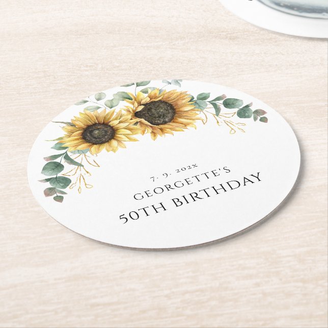 Porta-copo De Papel Redondo Floral Sunflower Greenery 50th Birthday Swag (Angulado)