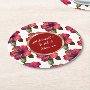 Porta-copo De Papel Redondo Flores de Hibisco Vermelho Tropical Festa de Noiva