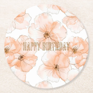 Porta-copo De Papel Redondo Flores de Pêssego Bonitas de Aniversário
