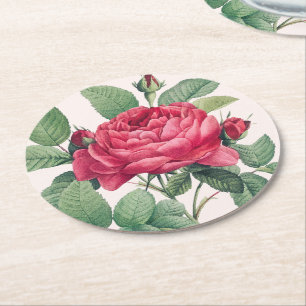 Porta-copo De Papel Redondo Flores de rosa vermelha com Folhas Verdes