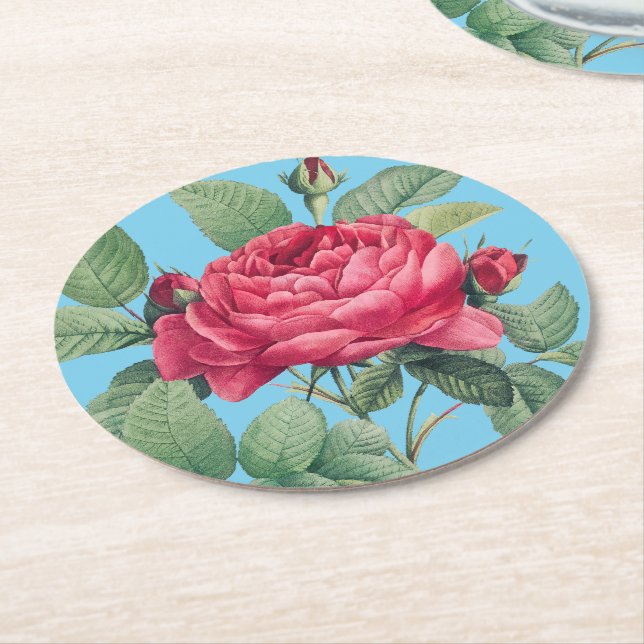 Porta-copo De Papel Redondo Flores de rosa vermelha com Folhas Verdes (Angulado)