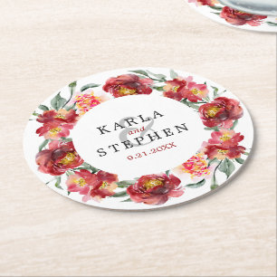Porta-copo De Papel Redondo Flores do Jardim das Aquarelas Vermelhas Profundas