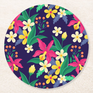Porta-copo De Papel Redondo Flores Exóticas Coloridas Padrão Folhas-23021