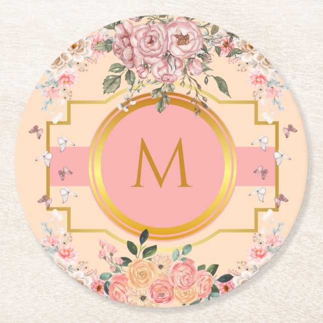 Porta-copo De Papel Redondo Flores Rosa de Aquarela, bonitinhas, monograma par (Frente)