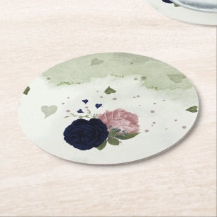 Porta-copo De Papel Redondo flores rosa e azul marinho folhagem