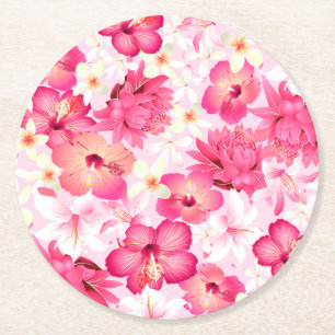 Porta-copo De Papel Redondo Flores tropicais rosa e brancas