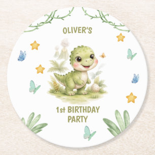 Porta-copo De Papel Redondo Fofinho One-A-Saurus Dinossauro 1º Aniversário