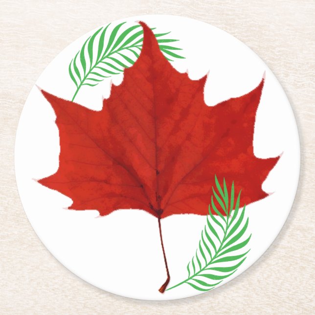 Porta-copo De Papel Redondo Folha vermelha e Ferns (Frente)