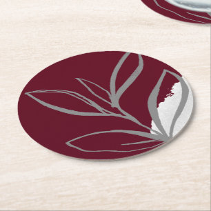 Porta-copo De Papel Redondo Folhas de aquarela minimalistas em burgundy