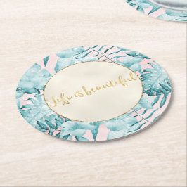 Porta-copo De Papel Redondo Folhas Tropicais Aqua Dourado