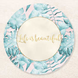 Porta-copo De Papel Redondo Folhas Tropicais Aqua Dourado