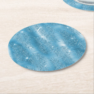 Porta-copo De Papel Redondo Folhas Tropicais Brilho Azul Aqua