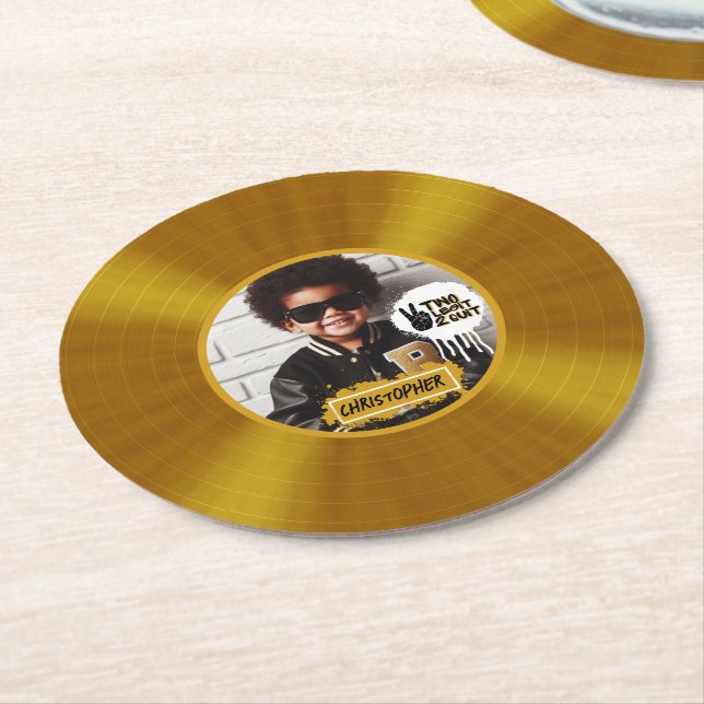 Porta-copo De Papel Redondo Foto Dourada do registro de segundo aniversário de (Angulado)