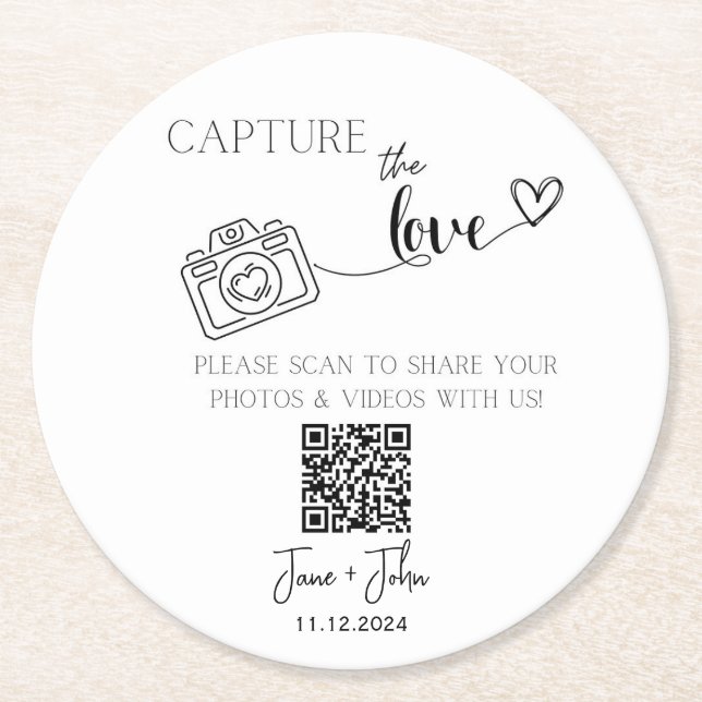 Porta-copo De Papel Redondo Foto personalizada de casamento Código QR Captura  (Frente)