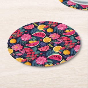 Porta-copo De Papel Redondo Frutas e Flores Tropicais