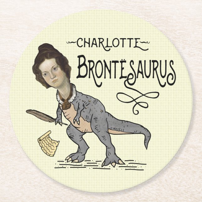 Porta-copo De Papel Redondo Funny Charlotte Bronte Surus Dinossaur Book Reader (Frente)