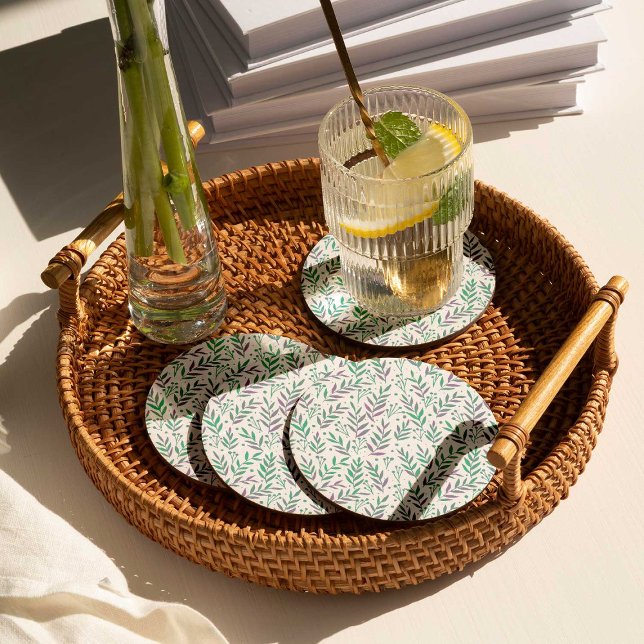 Porta-copo De Papel Redondo Galhos de aquarelas de Pastel, púrpura e verde (Criador carregado)