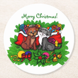 Porta-copo De Papel Redondo Gatinho e puppy, XMas feliz