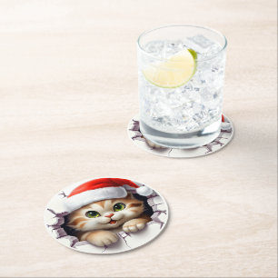 Porta-copo De Papel Redondo Gato de Natal bonito através da parede ilustrado