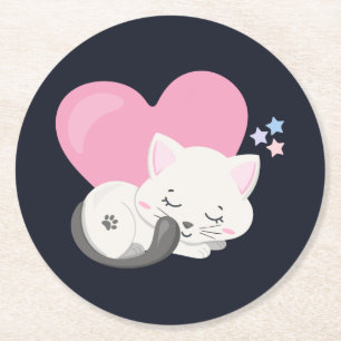 Porta-copo De Papel Redondo Gato doce e gata dormindo com coração rosa