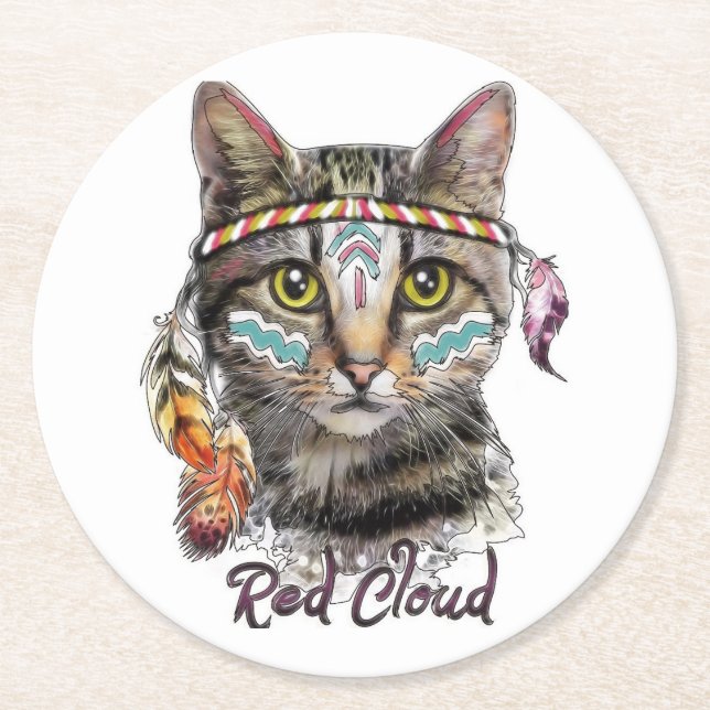 Porta-copo De Papel Redondo Gato fofo de nuvem vermelha (Frente)